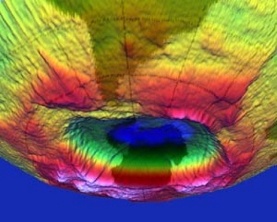 Una rappresentazione tridimensionale del buco nell'ozono dell'emisfero meridionale della Terra.