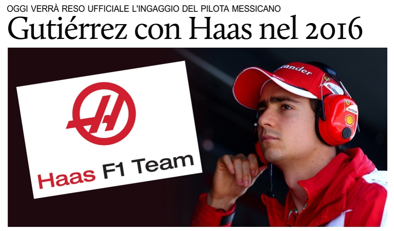 Formula 1, Esteban Guti�rrez correr� con Haas nel 2016.