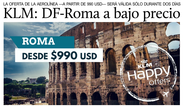 KLM, el 5-6 agosto vuelos econmicos DF-Roma (para septiembre-octubre).