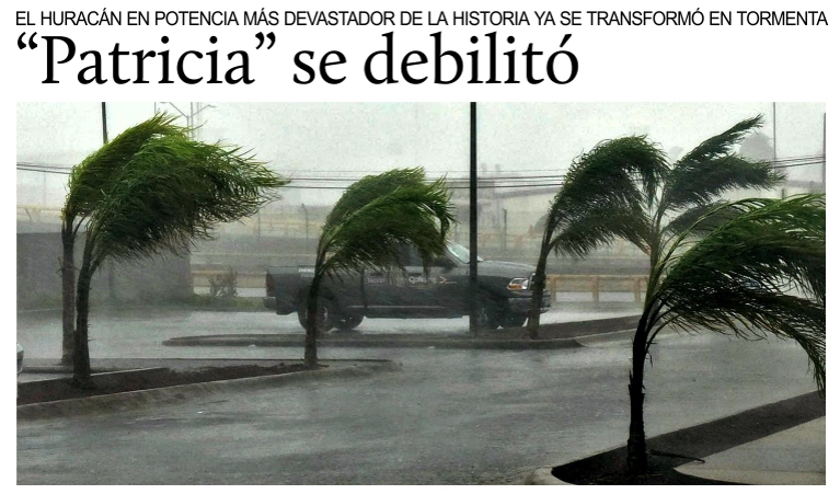 El hurac�n �Patricia� se debilita a tormenta tropical.