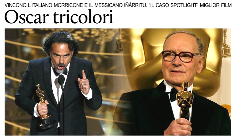 L'Oscar alla regia � messicano per il 3� anno consecutivo. L'Italia vince con Morricone.