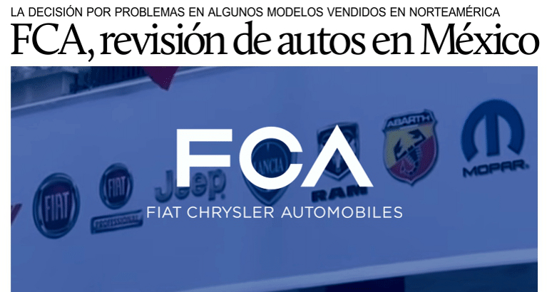 FCA llama a revisión autos en México, EU y Canadá.